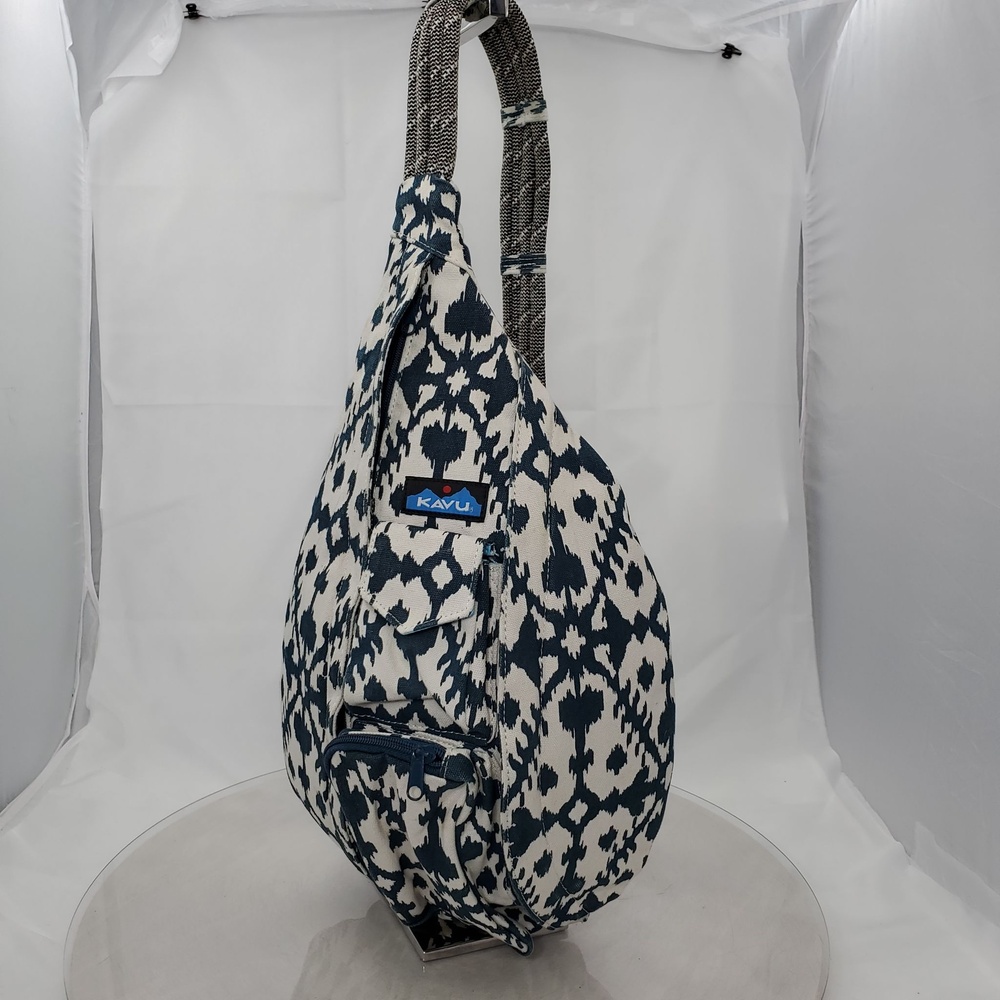 KAVU Rope Bag Blue Ikat Cotton Rope Sling Crossbody Backpack Hiking Travel